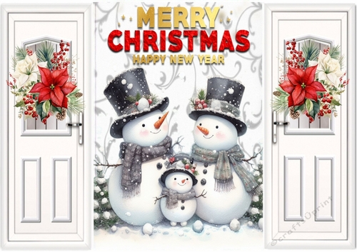 White Gate Fold With Red/White Poinsettias And Snowmen Family