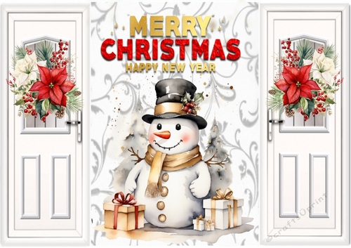 White Gate Fold With Red/White Poinsettias With Snowman/Gift