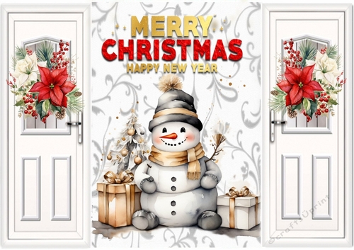 White Gate Fold And Red/White Poinsettias With Snowman/Tree
