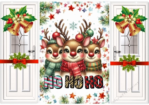 White Gate Fold WIth Red Bows & Bells Cute Reindeers