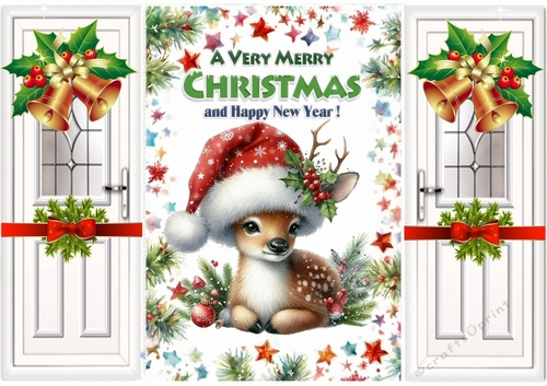 White Gate Fold WIth Red Bows & Bells Cute Deer In Santa Hat