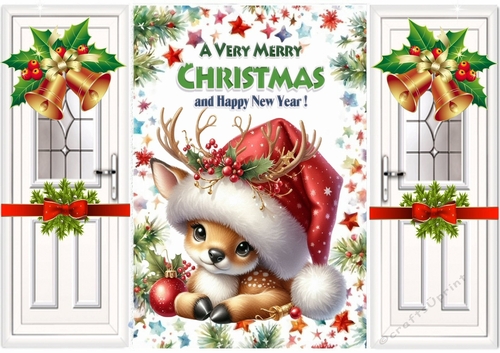 White Gate Fold WIth Red Bows & Bells Sweet Deer In Santa Hat