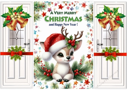 White Gate Fold WIth Red Bows/Holly & Bells Lovely Deer In Santa Hat