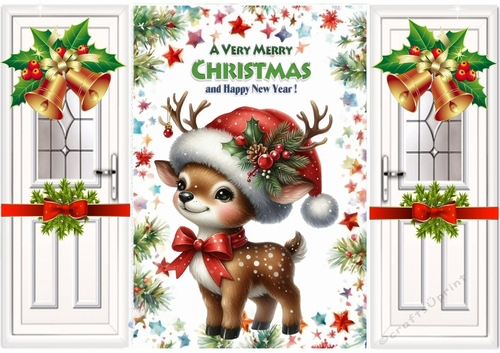 White Gate Fold WIth Red Bows & Bells Pretty Deer In Santa Hat (FOUR)