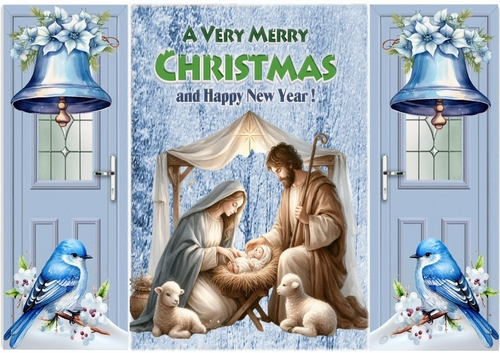  Nativity Scene WIth Blue Birds & Bells Gate fold