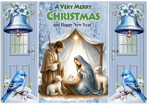 Nativity Scene WIth Blue Birds & Pretty Bells Gate fold
