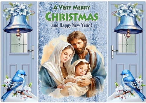 Christmas Scene Nativity WIth Blue Birds & Bells Gate fold