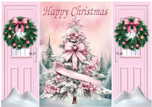 Pretty Pink Christmas Tree With Bow Wreath Gatefold (ONE)