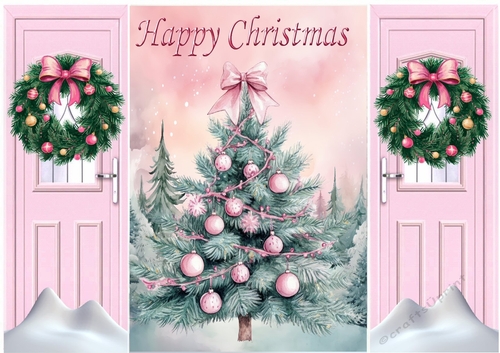 Pretty Pink Christmas Tree With Bow Wreath Gatefold (THREE)