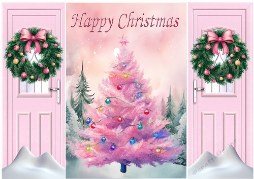 Pretty Pink Christmas Tree With Bow Wreath Gatefold (FOUR)