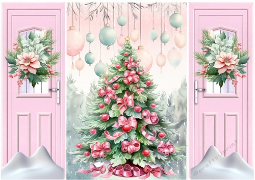 Pink Gatefold With Snow & Flowers  Christmas Tree (ONE)