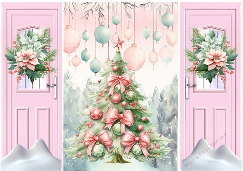 Pink Gatefold With Snow & Flowers  Christmas Tree (TWO)
