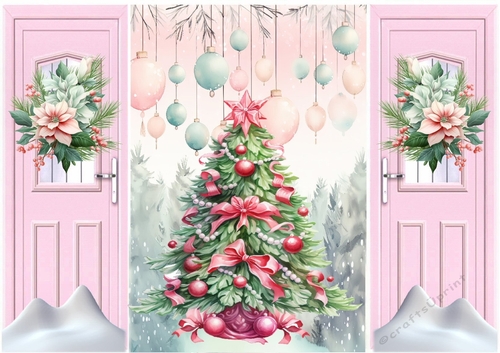 Pink Gatefold With Snow & Flowers  Christmas Tree (THREE)