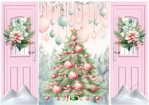 Pink Gatefold With Snow & Flowers  Christmas Tree (FOUR)