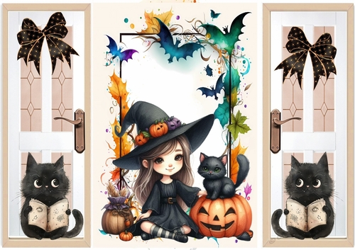 Gatefold Halloween Witch & Cute Black Cat (THREE)