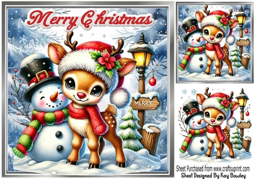 Lovely Snowman With Deer 8x8 Card Front