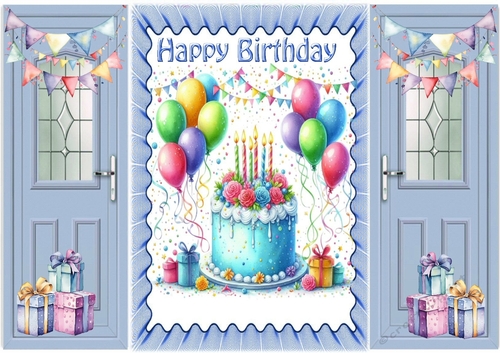 Birthday Cake With Balloons Blue Gatefold (THREE)
