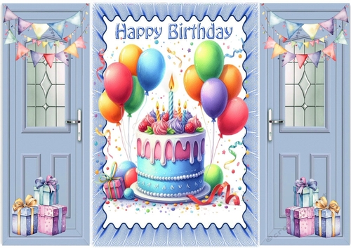Birthday Cake With Balloons Blue Gatefold (FOUR)