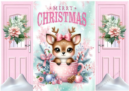 Cute Deer In Christmas Teacup Pink Gatefold (THREE)