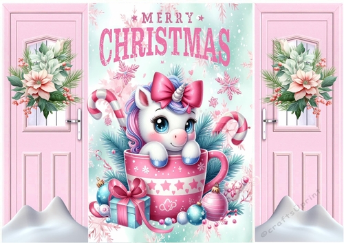 Cute Unicorn In Christmas Teacup Pink Gatefold (FOUR)