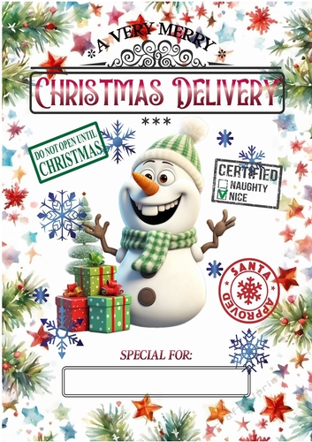 Lovely A4 Christmas Frame With Snowman NAME TAG, (TWO)