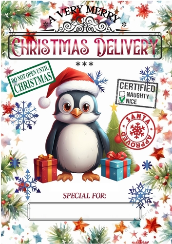 Lovely A4 Christmas Frame With Penguin NAME TAG, (FOUR)