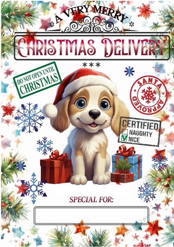 Lovely A4 Christmas Frame With Brown Puppy NAME TAG, (THREE)
