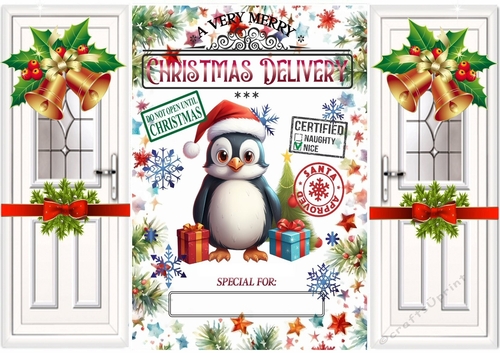 Cute Penguin Gatefold With Bells & Bows And Name Tag (THREE)