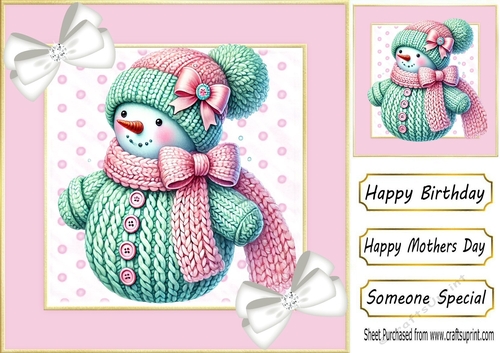 Lovely Knitted Snowman With White Bows 8x8