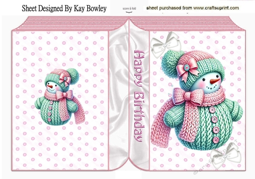 Lovely Knitted Snowman With White Bows, Pink  Polkadot Folded Book