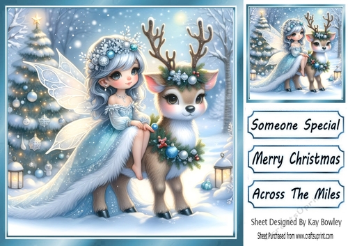 Pretty Christmas Blue Fairy With Deer 8x8 (THREE)