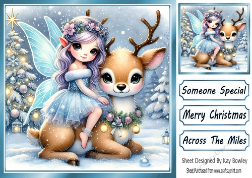Pretty Christmas Blue Fairy With Deer 8x8 (FOUR)