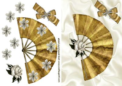 Ladies Gold Fan and Cream Flowers