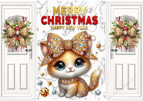 Christmas Diamond Kitten A5 Gatefold With Sparkle Bows (TWO)