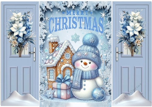 Cute Snowman Snow Scene A5 Gatefold With Flowers (FOUR)