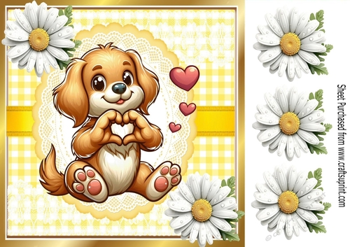 Cute Puppy With Hearts & Daisies 8x8
