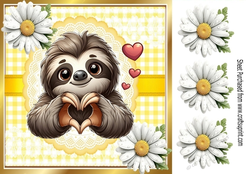 Cute Sloth With Hearts & Daisies 8x8