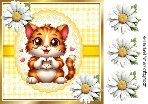 Cute Kitten With Hearts & Daisies 8x8
