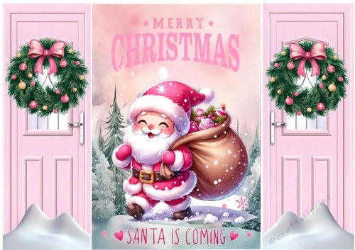 Santa Is Coming A5 Pink Gatefold With Christmas Wreath
