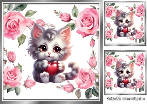 Lovely Pink Roses Kitten With Heart 8x8