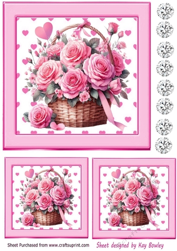 Pretty Pink Hearts & Roses In A Basket With Diamonds Toppers