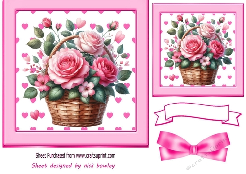 Pretty Pink Roses In A Basket With Bow 7x7 Card Front