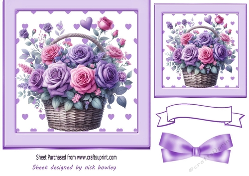 Pretty Purple Roses In A Basket With Bow 7x7 Card Front