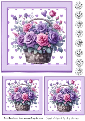 Pretty Purple Hearts & Roses In A Basket With Diamonds Toppers