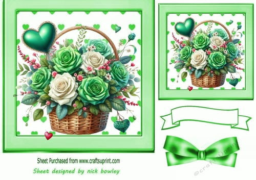 Pretty Green Roses In A Basket With Bow 7x7 Card Front