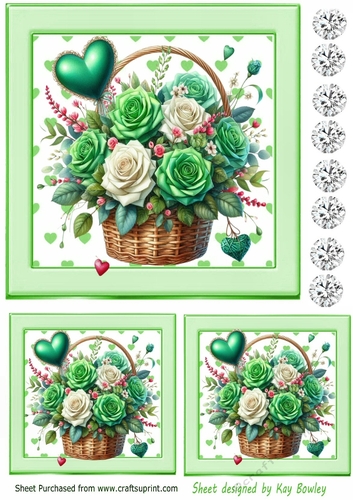Pretty Green Hearts & Roses In A Basket With Diamonds Toppers