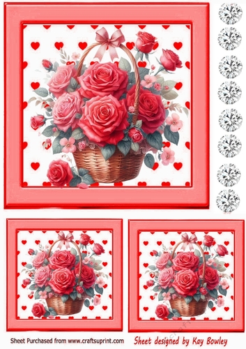 Pretty Red Hearts & Roses In A Basket With Diamonds Toppers
