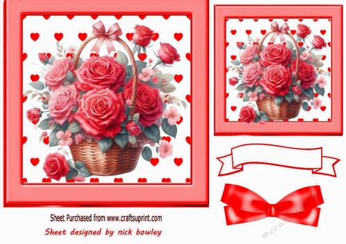 Pretty Red Roses In A Basket With Bow 7x7 Card Front