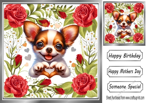 Pretty 8x8 Frame Of Red Roses With Puppy Making A Heart (ONE)