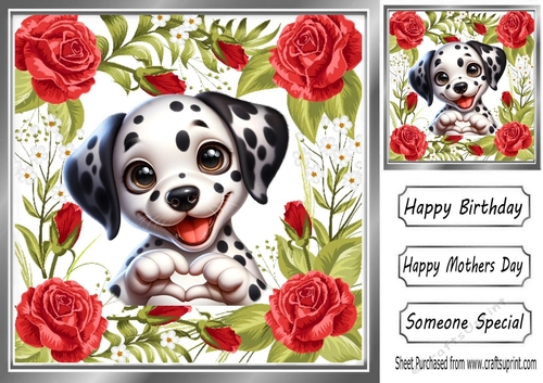 Pretty 8x8 Frame Of Red Roses With Puppy Making A Heart (TWO)